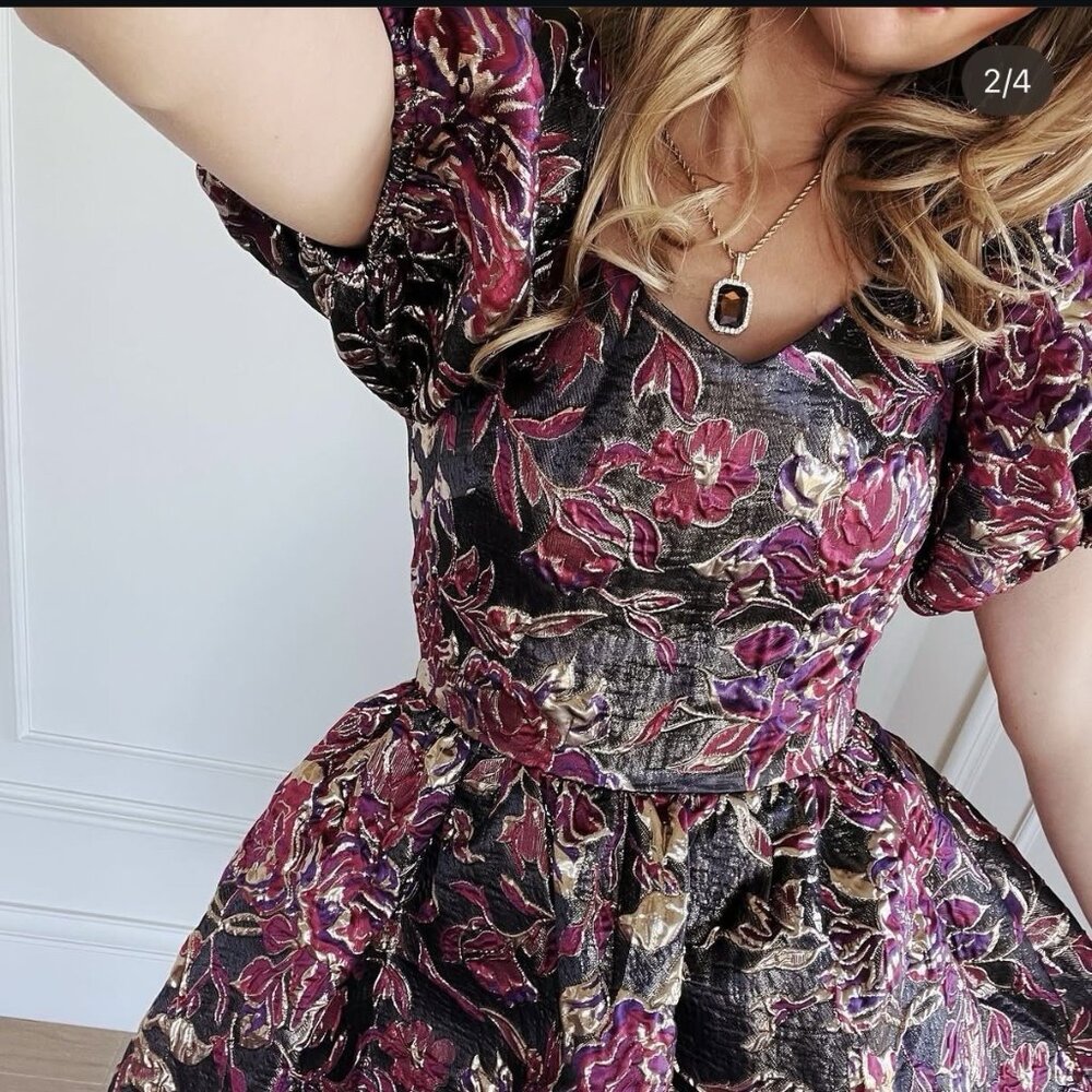 Jessakae Floral Brocade Jacquard Burgundy Gold Metallic Dress Fit & Flare XXS - Picture 7 of 10